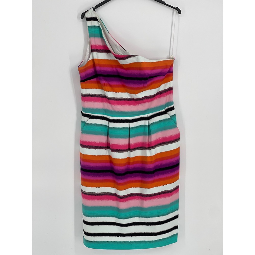 London Times One Shoulder Dress Womens‎ 14 Pink Orange Stripe Pleated Cocktail
